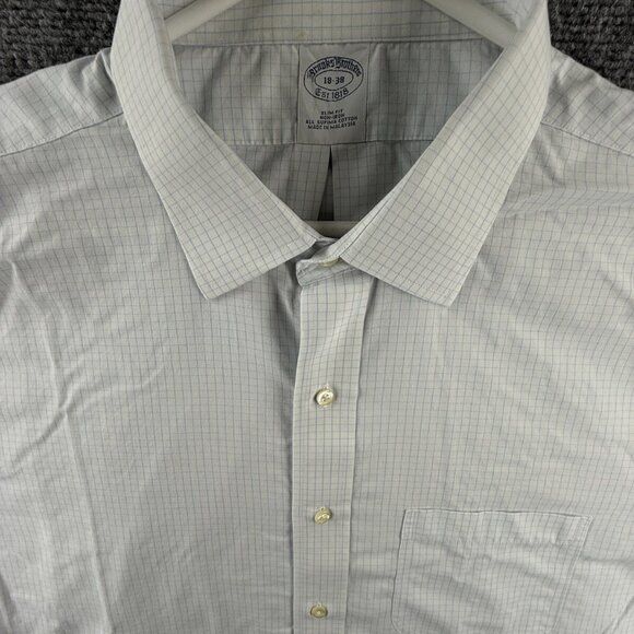 Brooks Brothers 18 38 Slim Cotton Blue Check Non-Iron Mens Long Sleeve Button Up - Picture 1 of 16